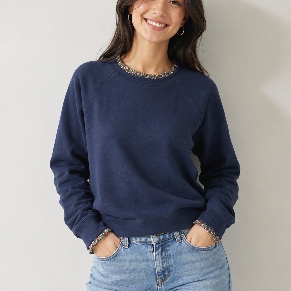 J.Crew Womens S Navy Blue Floral Ruffle Trim Raglan Sweatshirt Back Zip Cotton